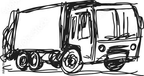 Sketch of a garbage truck with simple black lines illustrating a waste collection vehicle