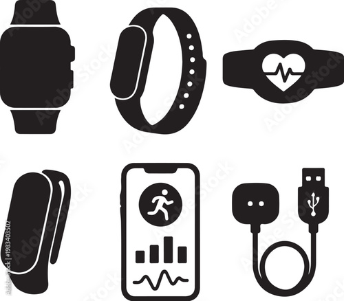 fitness tracking devices silhouette icon set