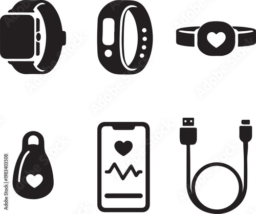 fitness tracking devices silhouette smartwatch band heart monitor app charger vector icon set