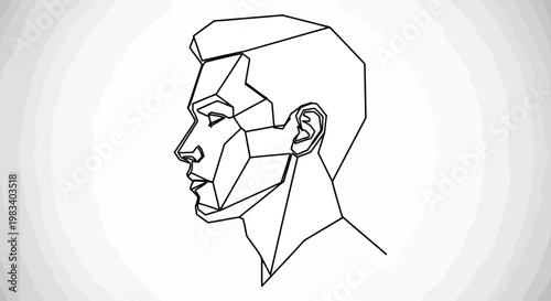 Geometric black line art profile of a person's head and shoulders on a grayscale background