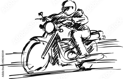 Motorcycle rider speeding on road wearing helmet and protective gear, dynamic motion sketch