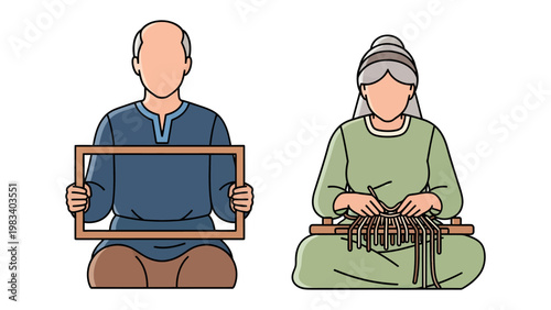 Handcrafting Heritage: A man and woman engrossed in their respective crafts, a poignant portrayal of generational skills and the enduring legacy of artistry.