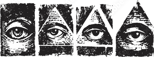 Four stylized black and white eye illustrations within textured geometric shapes, vintage art