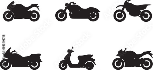 Motorcycle Silhouette Bundle Black Sport Cruiser Dirt Bike Touring Scooter Naked Motorbike Vector Set