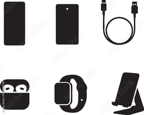 mobile tech lifestyle silhouette smartphone power bank cable earbuds smartwatch stand bundle
