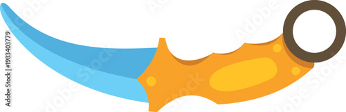 Decorative curved dagger with bright blue blade and orange handle on white background