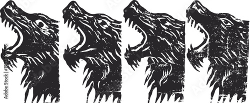 Four roaring wolf heads in black silhouette with detailed fur texture, wildlife and fierce animal concept