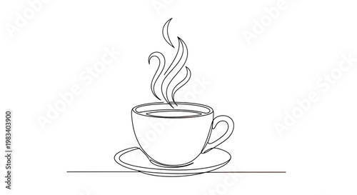 Single line drawing of a steaming coffee cup and saucer
