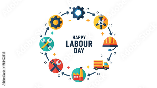 Labour Day Illustration: An artistic illustration for Labor Day, featuring an arrangement of work-related items forming a circular frame, perfect for social media posts, greeting cards.