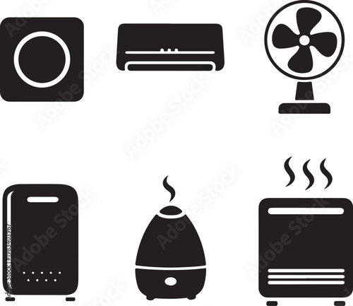 Smart climate control silhouette set thermostat air conditioner fan purifier humidifier heater icon bundle