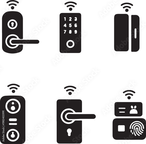 Smart door system silhouette set lock keypad sensor doorbell handle keyless entry icons