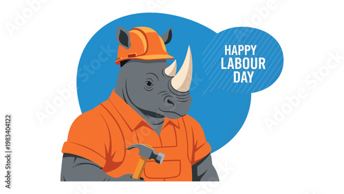 Rhino Labour Day: A rhino, dressed in construction attire, embodies the spirit of Labor Day with a hammer in hand and a safety helmet. The rhino stands against a vibrant background.