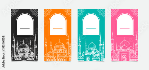 Islamic Mosque Ramadan Background Set with Ornamental Frame and Color Variations