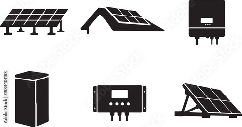 Solar Energy System Silhouette Set Solar Panel Battery Inverter Renewable Energy Icons