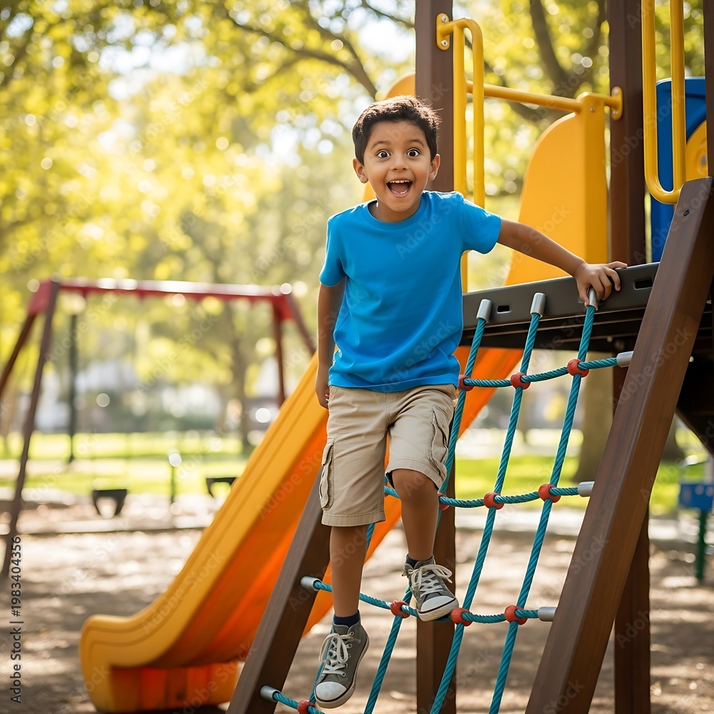 Fototapeta premium Excited young boy climbing on playground equipment with a slide.