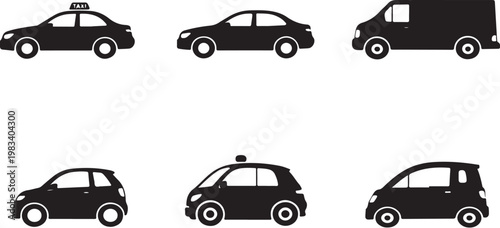 Urban Transport Vehicle Silhouette Bundle Black Taxi Rideshare Delivery Van Electric Car Autonomous Micro Mobility Vector Set