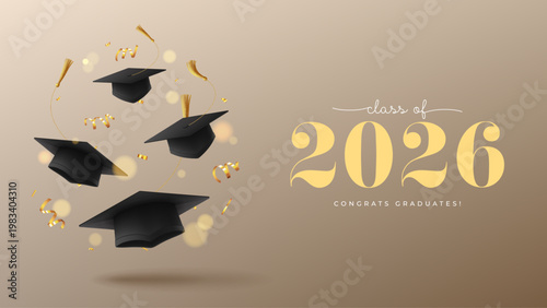 Banner for design of graduation 2026. Graduation caps, golden confetti and serpentine. Congratulations graduates of 2026. Vector illustration for degree ceremony in college, school, university.