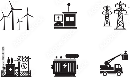 Wind Farm System Silhouette Set Turbines Power Grid Transformer Maintenance Icons