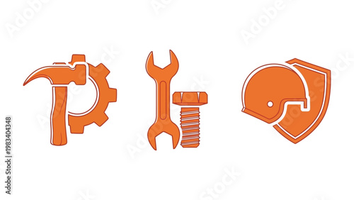 Engineering Icons: A set of minimalistic, orange-hued engineering icons, each one symbolizing the core components of craftsmanship and construction. The collection embodies the spirit of skill.