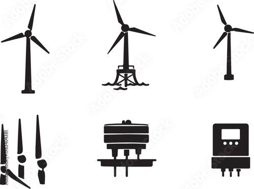 Wind Energy System Silhouette Set Wind Turbine Generator Renewable Energy Icons