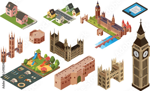 Isometric London landmarks and city elements set with Big Ben buildings bridge neighborhood playground vector illustration isolated design