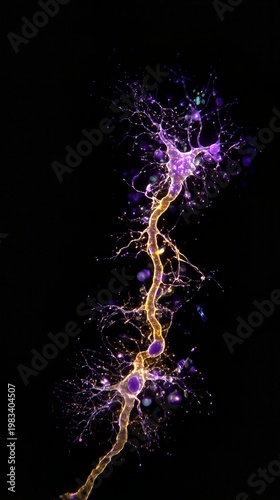 Intricate Neuron Detail: An in-depth view of a neuron, revealing the complex structure of a central nervous system cell with detailed, illuminated branches and pathways.