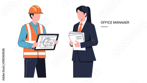Office Consultation: A professional office manager and an engineer in a meeting discuss building construction plans.