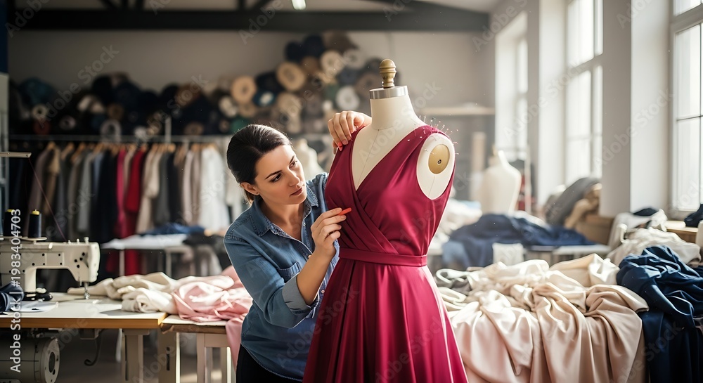 Obraz premium Professional Fashion Designer Making a Design Revision on a Red Gown