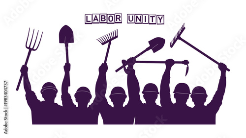Labor Unity: Symbolic representation of workers standing together. Each worker carries a tool, and their joined presence embodies the power of solidarity.