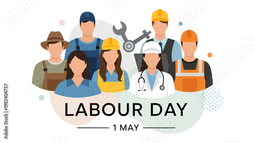 Labour Day: A symbolic illustration representing a diverse group of essential workers united in celebration of Labour Day.