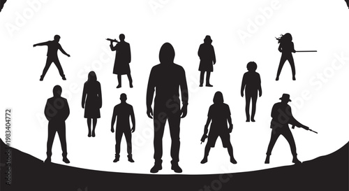 87 black silhouettes of diverse people walking on white background in style diversity black figures