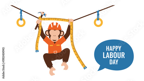 Labour Day Monkey Mechanic: A playful monkey, dressed as a mechanic, hangs from a rope with tools, a celebratory nod to Labor Day.