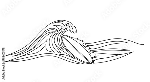 Stylized single-line drawing of a surfboard riding a powerful wave