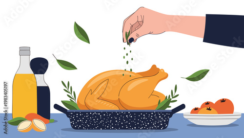Hand seasons a perfectly roasted whole chicken in a dark speckled roasting pan with fresh green herbs and olive oil on a table.