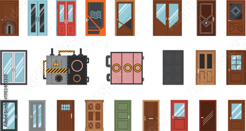 Door collection vector set with various modern classic wooden glass and industrial door designs isolated on white background for architecture and interior use