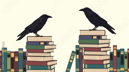 Two intelligent black ravens are perched on high stacks of colorful hardcover books against a soft yellow minimalist background.
