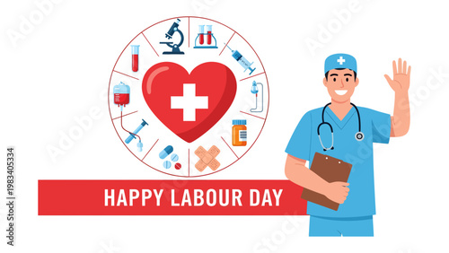 Healthcare Heroes' Labour Day Salute: A healthcare professional waves a warm greeting, embodying dedication and service, in a vibrant design celebrating Labour Day.
