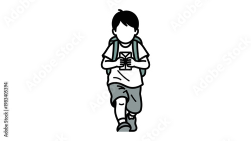 Young Explorer with a Smartphone: A young boy, absorbed in his smartphone, embarks on a journey with a backpack, symbolizing exploration and modern childhood.