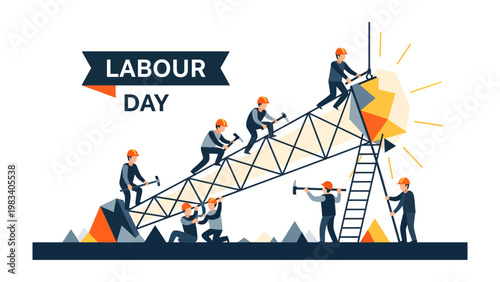 Labour Day Construction: A conceptual illustration portraying laborers working on an infrastructure structure, symbolizing the spirit of Labour Day.