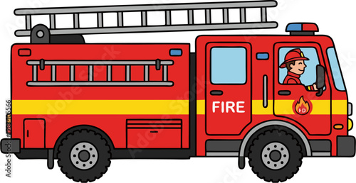 Red Fire Truck Cartoon Illustration with Firefighter Driver
