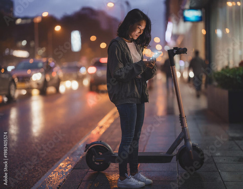 Woman standing with electric scooter city.
