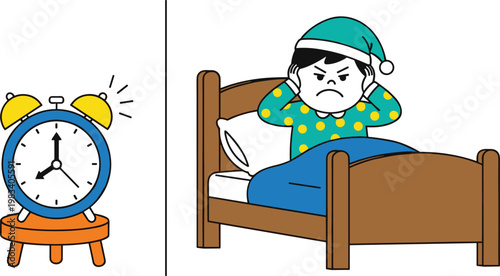 Waking up early concept illustration with alarm clock ringing and sleepy child in bed morning routine lifestyle isolated on white background