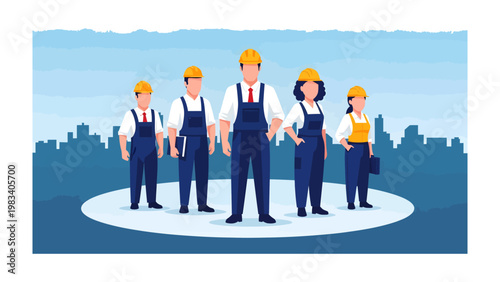 Engineering Team: A cohesive team of construction workers stand united, embodying strength, precision, and the collaborative spirit of builders against a cityscape backdrop.