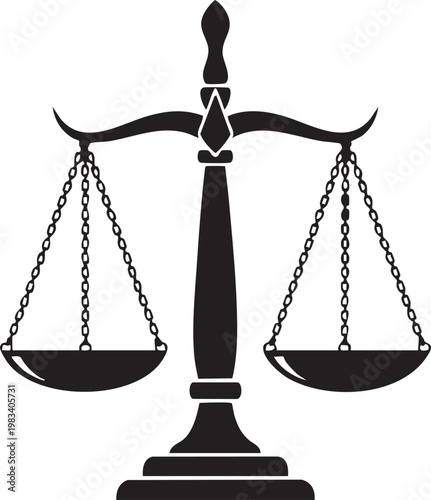 Black and white of balanced justice scales with gavel balance scale legal symbol