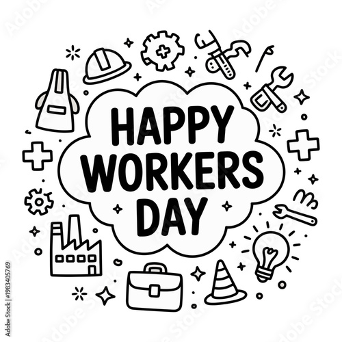Happy Worker's Day Celebration: A creative illustration paying tribute to workers on worker's day, set around a celebratory cloud with relevant work related item.