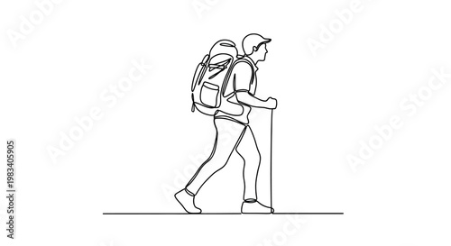 One line drawing of a person walking with a backpack and trekking pole