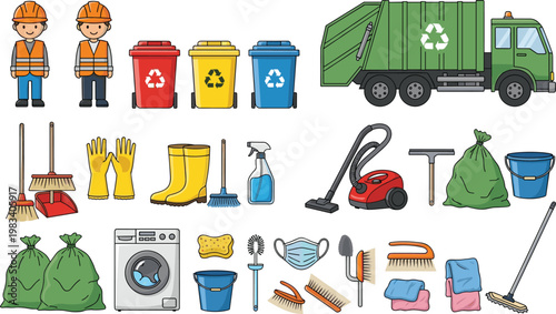 Cleaning and recycling collection set with janitor workers trash bins vacuum tools and household supplies isolated on white background