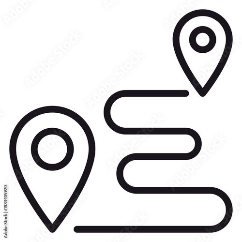 Minimalist black line vector icon of a winding navigation route with two location pin markers, representing a journey, travel path, or GPS tracking from start to destination, isolated graphic.