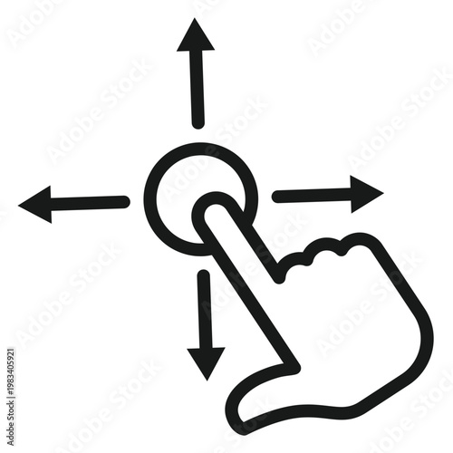 Black vector icon illustration of a hand touch gesture for dragging or moving objects in four directions, featuring a pointing finger on a circle with arrows pointing up, down, left, and right.