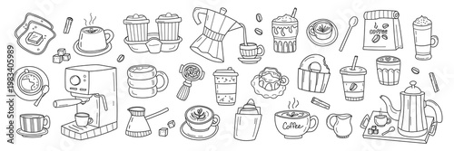 Coffee doodle set hand drawn cafe elements collection with cups drinks and equipment vector illustration isolated
